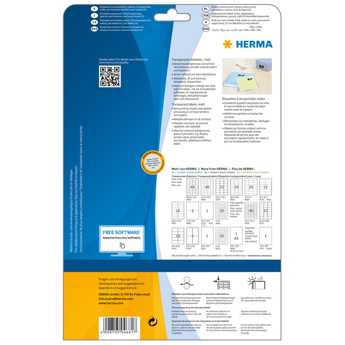 Herma Folienetiketten, 66x33.8mm, wetterfest, transparent, matt, 25 Blatt (600 Etiketten)