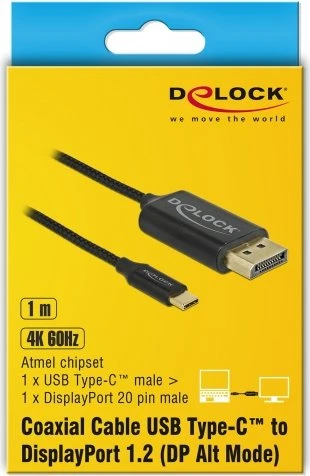 DeLOCK USB-C [Stecker] auf DisplayPort 1.2 [Stecker] Kabel 4K 60Hz schwarz, mit Nylongeflecht, 1m