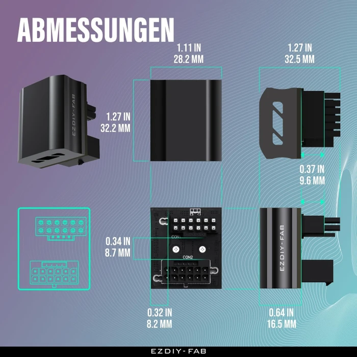 EZDIY-FAB 12VHPWR Winkeladapter 180°, Variante RVS, Sense-Pins an der Unterseite, schwarz