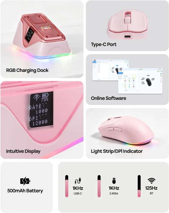 Epomaker Nex Lite Wireless Gaming Mouse mit Ladestation, rosa, USB/Bluetooth