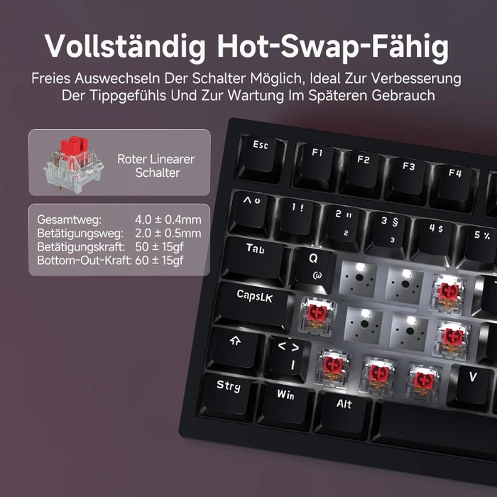 Ajazz AK820, Black, LEDs weiß, hot-swap, AS RED, USB, DE