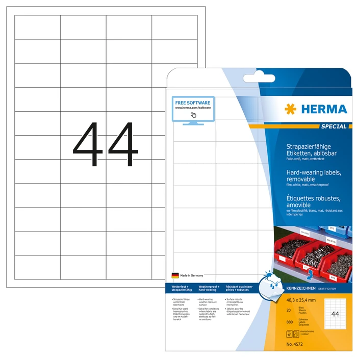 Herma Folienetiketten, 45.7x21.2mm, ablösbar, wetterfest, weiß, matt, 20 Blatt (880 Etiketten)