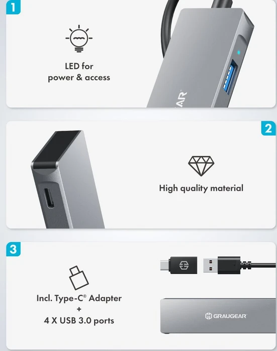 Graugear G-HUB2A2C-AC, USB-Hub, 2x USB-C 3.0, 2x USB-A 3.0, USB-A/USB-C 3.0 [Stecker]