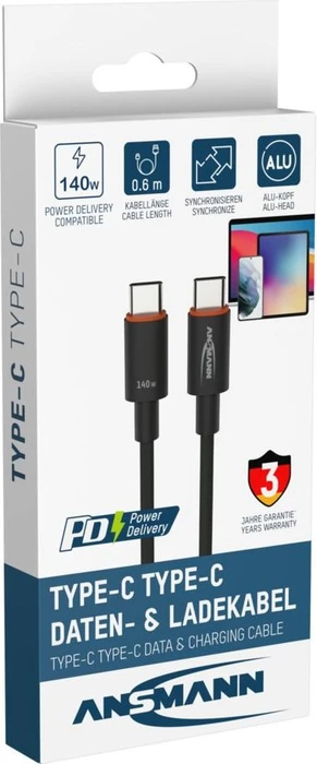 Ansmann USB-C Kabel, USB 2.0, 480Mb/s, 140W PD 3.1, USB-C Stecker auf USB-C Stecker, schwarz, 0.6m