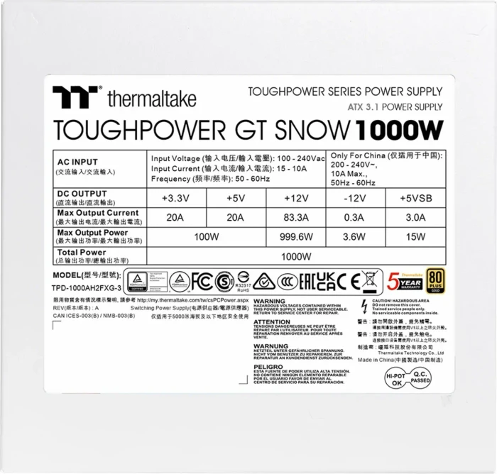 Thermaltake ToughPower GT Snow 1000W, ATX 3.1