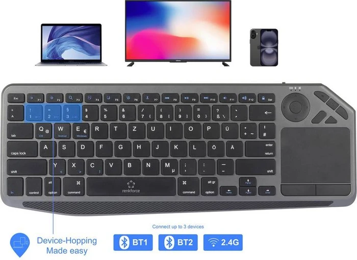 Renkforce RF-WLBTKB-300 Funk Tastatur mit Multi-Touchpad, schwarz/grau, USB/Bluetooth, DE
