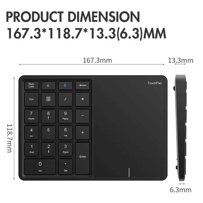Zunate Wireless Numeric Keypad with Touchpad, grau/schwarz, Bluetooth