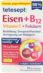 Tetesept Eisen+B12 Vitamin C+Folsäure Filmtabletten, 30 Stück