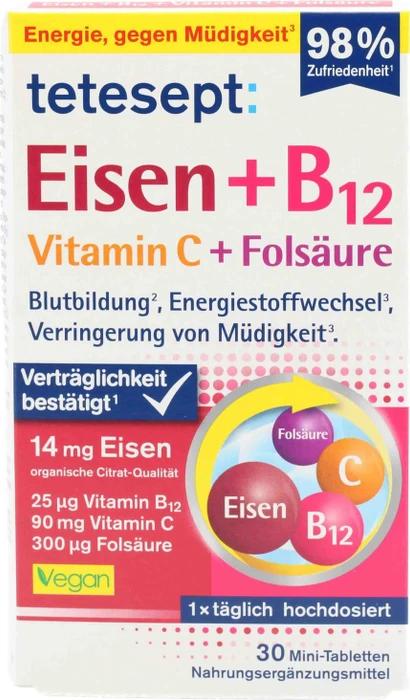 Tetesept Eisen+B12 Vitamin C+Folsäure Filmtabletten, 30 Stück