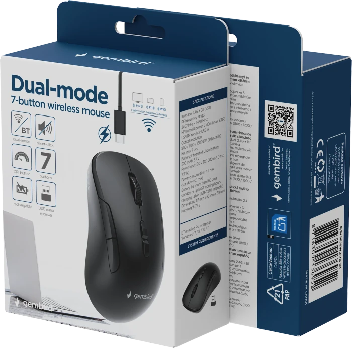 Gembird Wireless Bluetooth Mouse schwarz, USB/Bluetooth