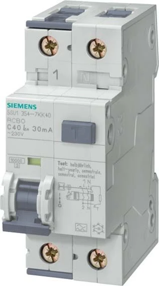 Siemens FI/LS-Schalter 5SU1354-7KK06 | Typ A | 1P+N | C6 | 30mA | 6A | 230V | 10kA | 2TE | Fehlerstromschutzschalter Image