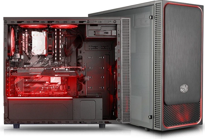 Cooler Master MasterBox E500L Window, schwarz/rot, Lüfter LED rot, Acrylfenster