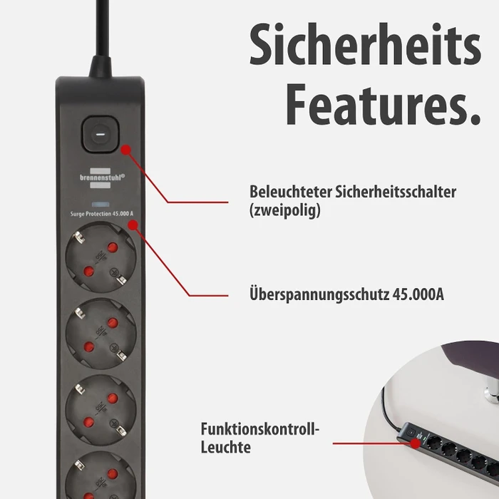 Brennenstuhl Überspannungsschutz-Steckdosenleiste, 6-fach, 1x USB-A/2x USB-C USB-PD, 2m, schwarz