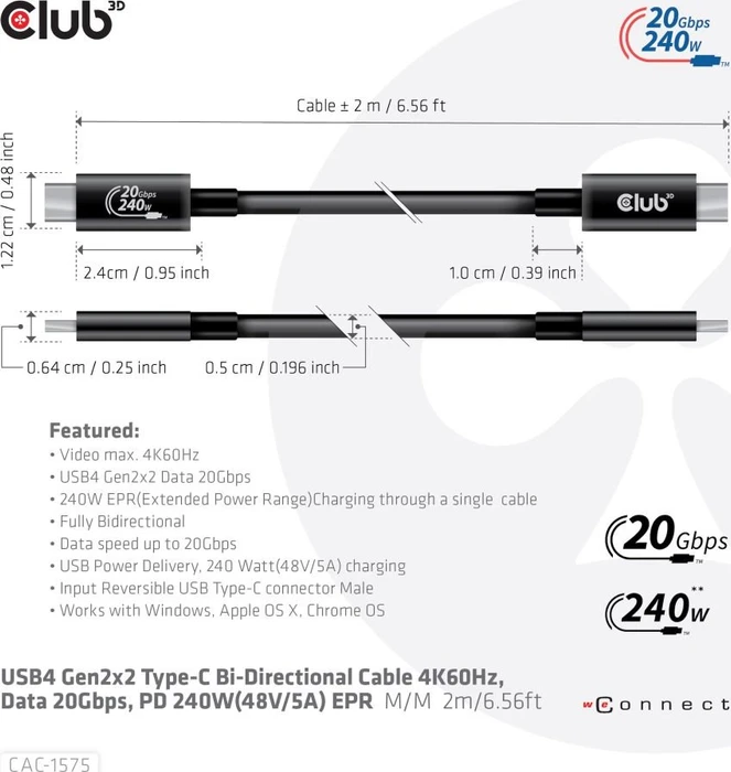 Club 3D USB-C 3.2 Kabel, 20Gb/s, 4K60Hz, 240W PD EPR, USB-C 3.2 Stecker auf USB-C 3.2 Stecker, 2m