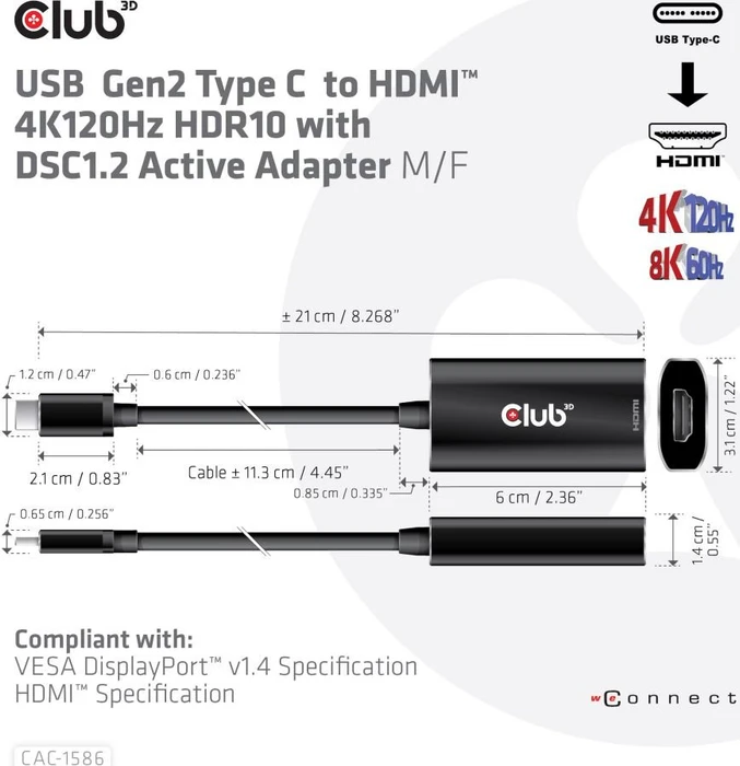 Club 3D USB Gen2 Type C to HDMI 4K120Hz HDR10 with DSC 1.2 Active Adapter M/F