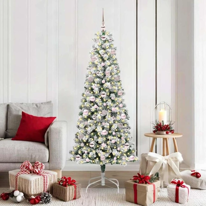 vidaXL Künstlicher Weihnachtsbaum schlank mit Schnee, 180cm, inkl. LED-Beleuchtung
