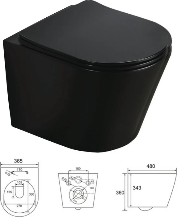 Verosan Pro Nakia Wand-WC Tiefspüler, spülrandlos, mit Sitz mit Deckel mit Absenkautomatik, schwarz