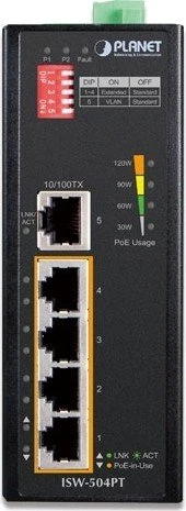 Planet ISW-504PT Industrial Railmount Switch, 5x RJ-45, 120W PoE+