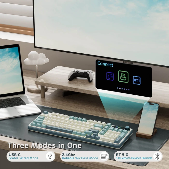 RK Royal Kludge S98, Sky Blue, 96%, hot-swap, RK Linear Cream, USB/Bluetooth, US
