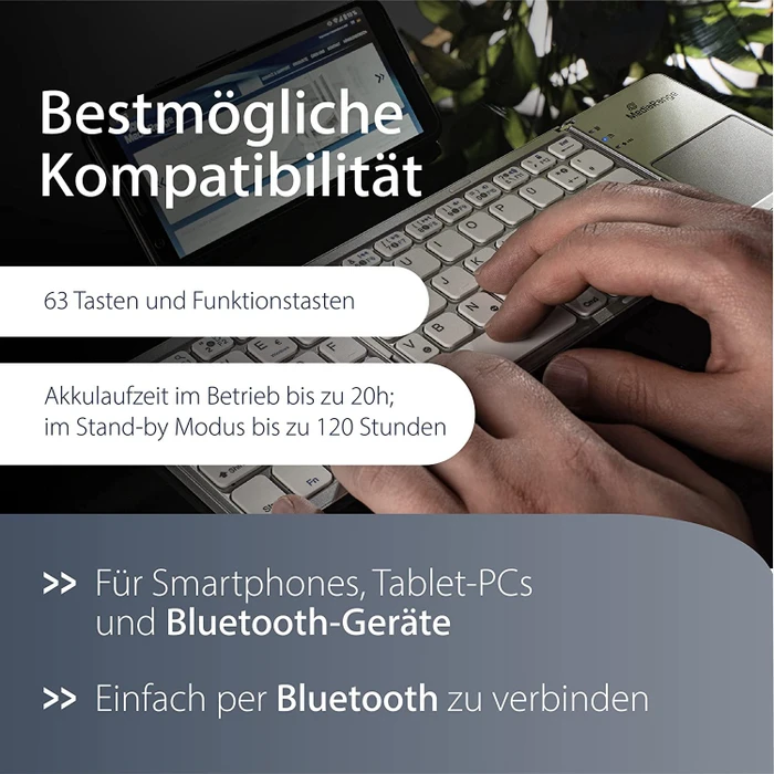 MediaRange kompakte Funk-Tastatur mit 63 Tasten und Touchpad, silber, Bluetooth, DE