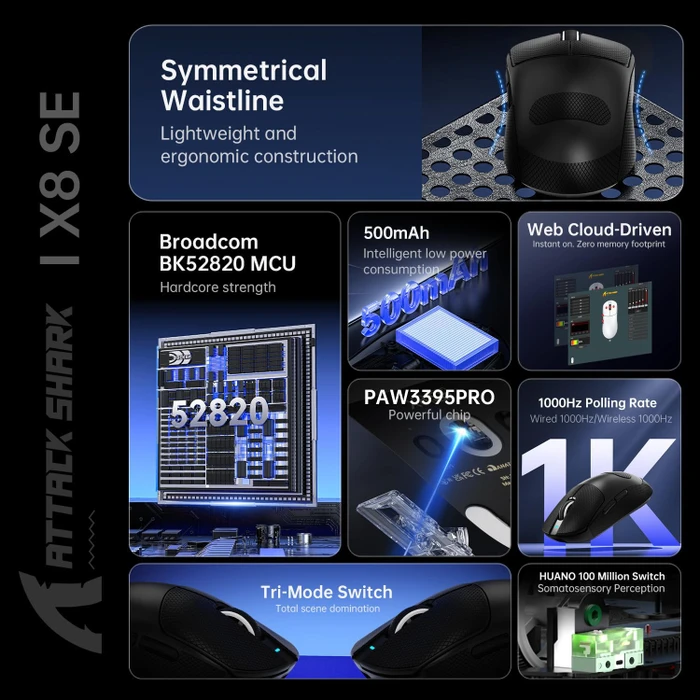 Attack Shark X8 Plus Tri-mode Wireless Gaming Mouse, schwarz, inkl. Grip Tape, USB/Bluetooth