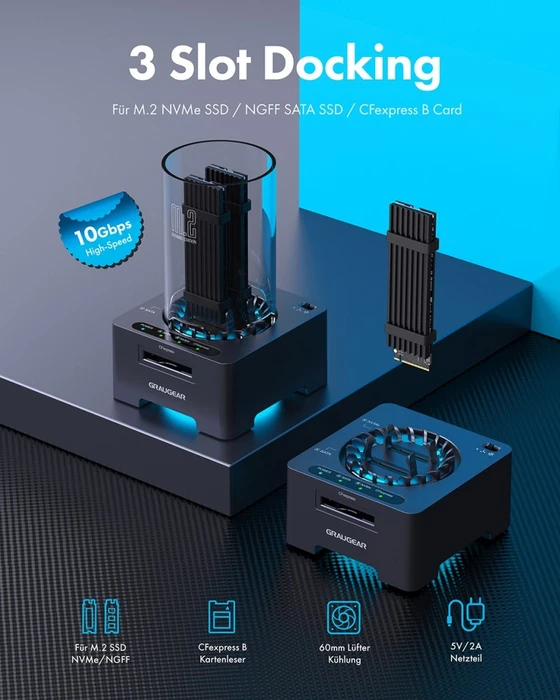 Graugear G-M2DK-CR-10G, M.2 NVMe Dockingstation mit CFexpress Kartenleser, USB-C 3.1