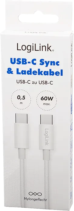LogiLink USB-C Kabel, USB 2.0, 480Mb/s, 60W PD, USB-C Stecker auf USB-C Stecker, Nylon, weiß, 0.5m