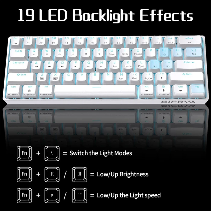 Dierya DK61SE, 60%, weiß, LEDs blau, BROWN Switches, USB, US