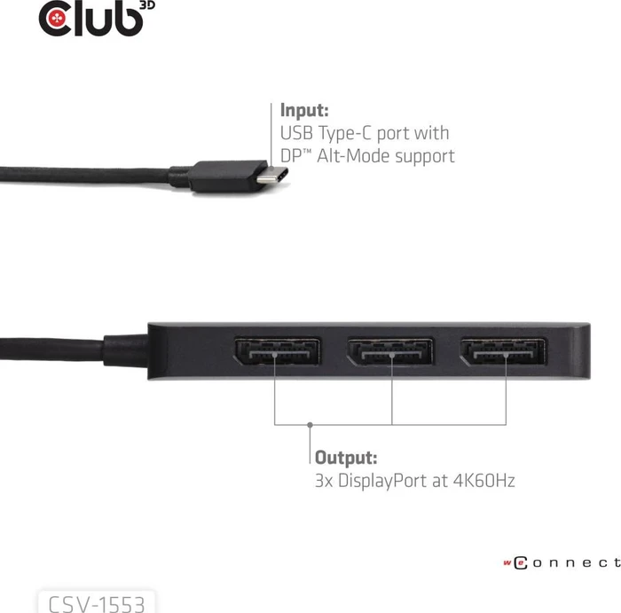 Club 3D Multi Stream Transport MST Hub, USB-C mit DisplayPort 2.1 auf 3x DisplayPort Adapter