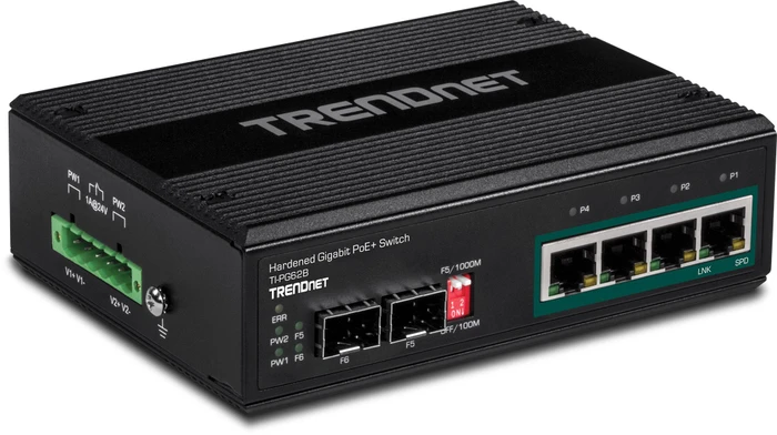TRENDnet TI Hardened Industrial Railmount Gigabit Switch, 4x RJ-45, 2x SFP, 120W PoE+