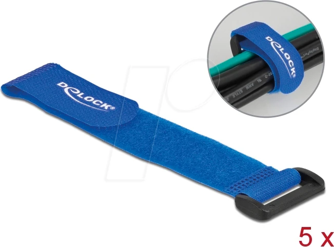 DeLOCK Klett-Kabelbinder mit Schlaufe, 25mm, 190mm, blau, 5 Stück