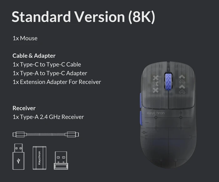 Keychron G3 Ultra Light 8K Wireless Mouse, Frosted Gray, USB/Bluetooth