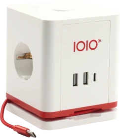 Olympia IOIO SW 1000 Steckdosenwürfel mit integriertem USB-C Ladekabel, 3-fach, 2x USB-C/2x USB-A, 1.5m, weiß/rot