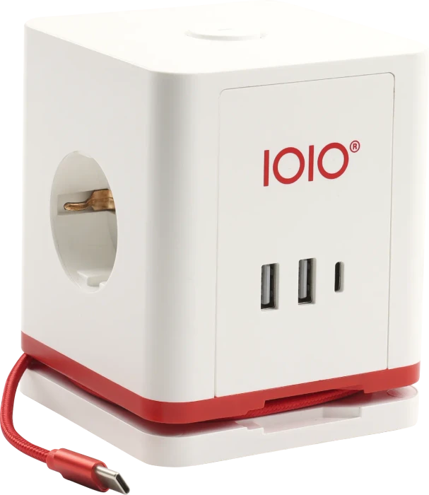 Olympia IOIO SW 1000 Steckdosenwürfel mit integriertem USB-C Ladekabel, 3-fach, 2x USB-C/2x USB-A, 1.5m, weiß/rot