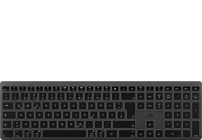 Alogic Hush Full Size USB-C Rechargeable Wireless Keyboard, schwarz, LEDs weiß, USB/Bluetooth, DE
