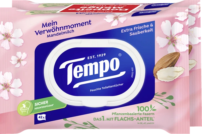 Tempo Mein Verwöhnmoment Mandelmilch & Panthenol feuchte Toilettentücher, 84 Stück (2x 42 Stück)