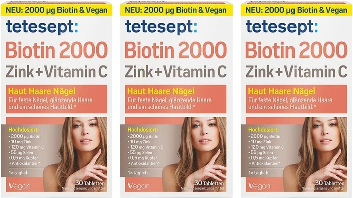 Tetesept Biotin 2000 Zink + Vitamin C Filmtabletten, 90 Stück (3x 30 Stück)