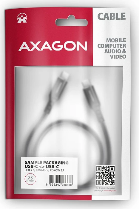 Axagon USB-C Kabel, HQ, USB 2.0, 480Mb/s, 60W PD, USB-C [Stecker] auf USB-C [Stecker], 3m