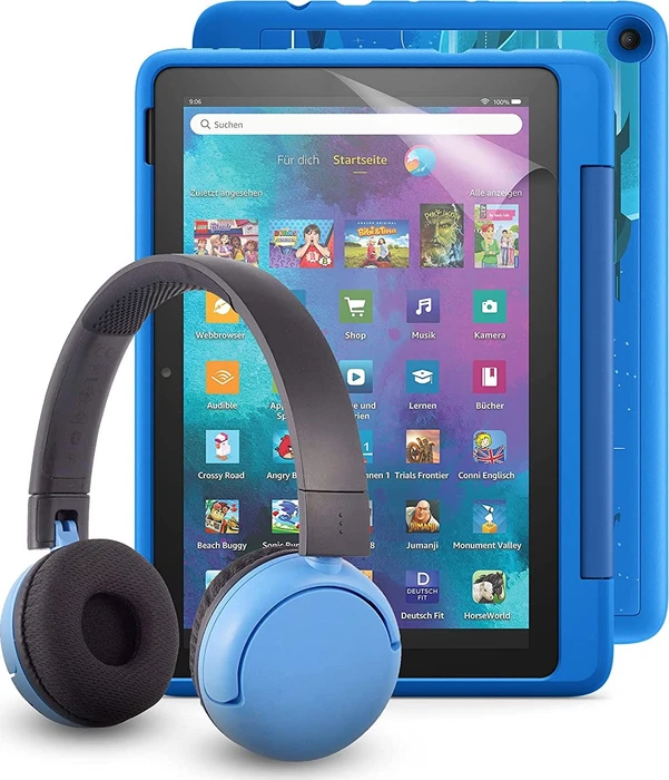 Amazon Fire HD 10 KFTRWI 2021, ohne Werbung, Raumschiffe, 32GB, inkl. BuddyPhones PopTime Headset und Displayschutzfolie, Kids Pro Edition