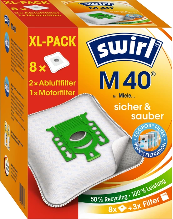 Swirl Staubsaugerbeutel M 40 XL EcoPor Vorteilspack | 8 Stück | inkl. Filter | passend für viele Modelle Image