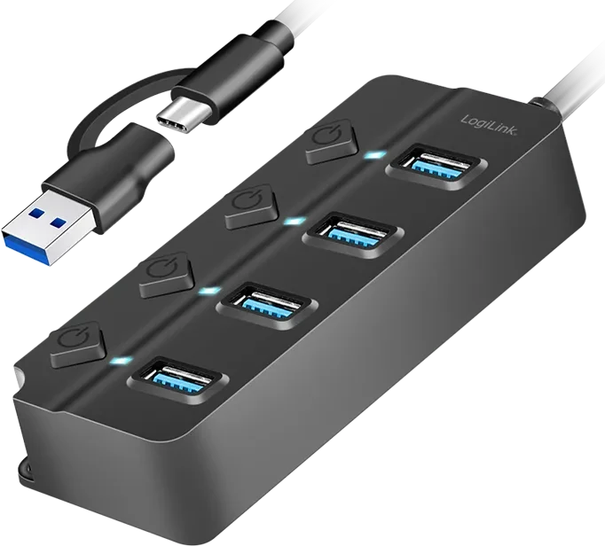 LogiLink USB 3.2 Gen1 Hub mit Ein-/Aus-Schalter, 4x USB-A 3.0, USB-C/USB-A 3.0 [Stecker]