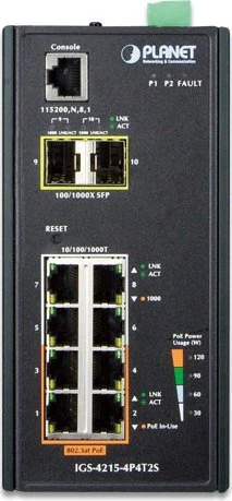 Planet IGS-4215-4P4T2S Industrial Railmount Gigabit Managed Switch, 8x RJ-45, 2x SFP, 144W PoE+