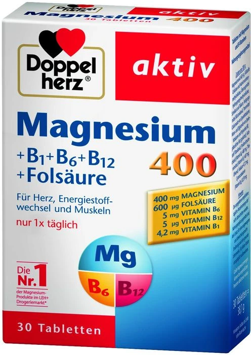 Doppelherz Magnesium 400 + B1 + B6 + B12 + Folsäure, 30 Stück