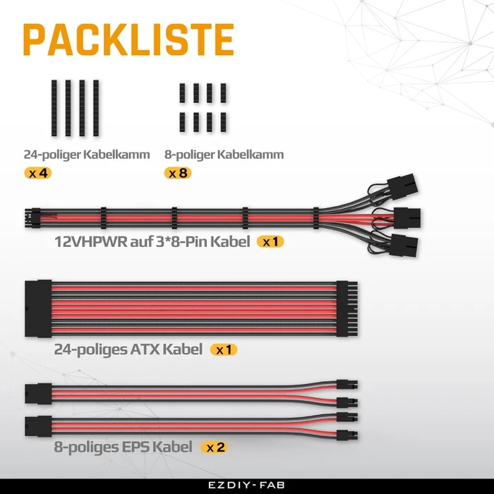 EZDIY-FAB 12VHPWR Cable Kit, 1x 24-Pin, 2x 4/8-Pin ATX, 1x 12VHPWR/3x 8-Pin PCIe, 16AWG, schwarz/rot