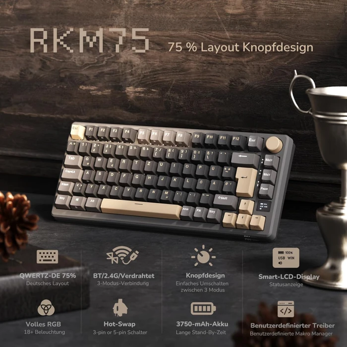 RK Royal Kludge M75 Wireless, grau/schwarz, LEDs RGB, hot-swap, RK RED, USB/Bluetooth, DE