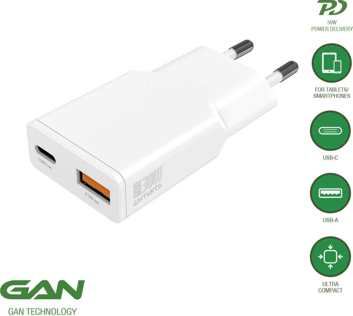 4smarts Netzladegerät PDPlug Slim Duos 30W GaN 1C+1A weiß