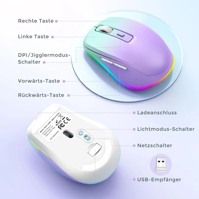 Seenda Rechargeable Wireless RGB Mouse mit Jiggler-Funktion, hellgrün/violett, USB