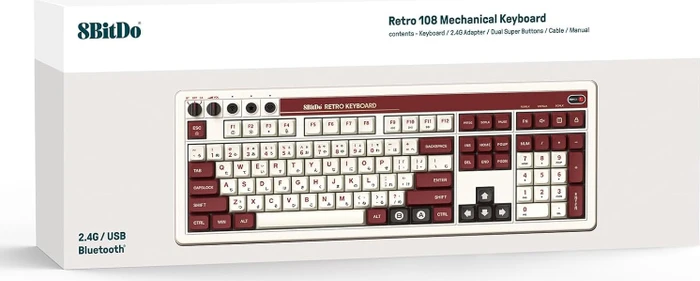 8BitDo Retro 108 Mechanical Keyboard, Fami Edition, weiß/rot, Kailh Box V2 WHITE, USB/Bluetooth, US