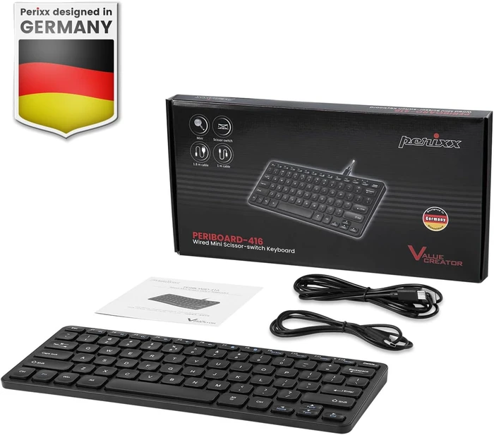 Perixx Periboard-416 Mini Keyboard, schwarz, LEDs weiß, USB & USB-C, DE