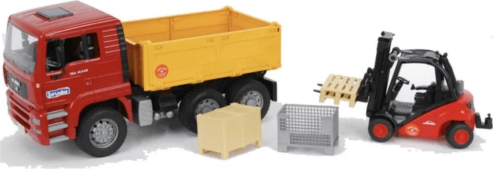 Bruder Profi-Serie MAN TGA Kipplastwagen mit Linde Gabelstapler